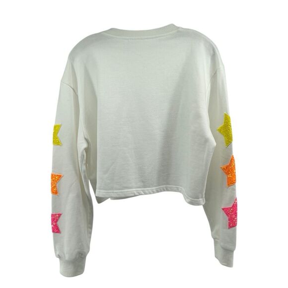 Mainstrip White Cropped Sweatshirt Sequin Star Patches Sleeves Size Large - Picture 5 of 8